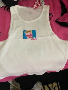 Barbie White Tank with Pink Mask and Blue Square Graphic